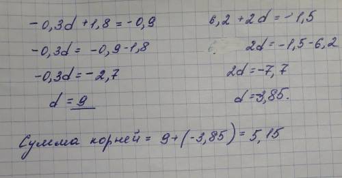 Найдите сумму корней уравнений - 0,3d +1.8 = -0,9 и 6,2+2d=-1,5