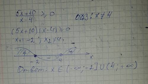 5x+10/x-4> =0 решить неравентсво