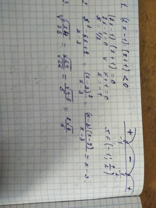 1. решить неравенство (2x-1) * (x+1)< 0 2 сократите дробь x^2 - 6x + 9 / x-3 3. найдите значение