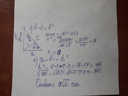 Висота проведенна до гіпотенузи ділить у відношенні 16: 9. більший катет 60 см обчисліть цю висоту
