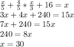 \frac{x}{5} + \frac{4}{5} * \frac{x}{3} + 16 = x \\ 3x + 4x + 240 = 15x \\ 7x+240=15x \\ 240=8x \\ x=30