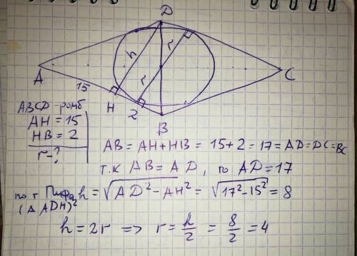 Высота ромба, опущенная из вершины тупого угла, делит сторону ромба на отрезки 15 и 2, считая от вер