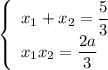 \left\{\begin{array}{l} x_1+x_2=\dfrac{5}{3} \\ x_1x_2=\dfrac{2a}{3} \end{array}