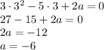 3\cdot3^2-5\cdot3+2a=0 \\\ 27-15+2a=0 \\\ 2a=-12 \\\ a=-6