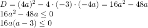 D=(4a)^2-4\cdot(-3)\cdot(-4a)=16a^2-48a \\\ 16a^2-48a\leq0 \\\ 16a(a-3)\leq0