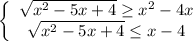 \left\{\begin{array}{I} \sqrt{x^2-5x+4}\geq x^2-4x \\ \sqrt{x^2-5x+4} \leq x-4 \end{array}}\\