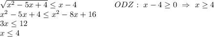 \sqrt{x^2-5x+4} \leq x-4 \ \ \ \ \ \ \ \ \ \ \ \ \ \ ODZ: \ x-4\geq 0 \ \Rightarrow \ x\geq 4\\ x^2-5x+4\leq x^2-8x+16\\ 3x\leq 12\\ x\leq 4