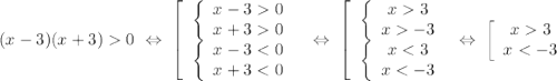 (x-3)(x+3)0 \ \Leftrightarrow \ \left[\begin{array}{I} \left\{\begin{array}{I} x-30 \\ x+30 \end{array}} \\ \left\{\begin{array}{I} x-3-3 \end{array}} \\ \left\{\begin{array}{I} x