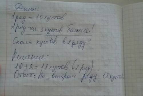 В1 ряду 10 кустов смородины,а в другом на 8 кустов больше.сколько кустов во втором ряду?