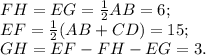 FH=EG=\frac{1}{2}AB=6;\\&#10;EF=\frac{1}{2}(AB+CD)=15;\\&#10;GH=EF-FH-EG=3.