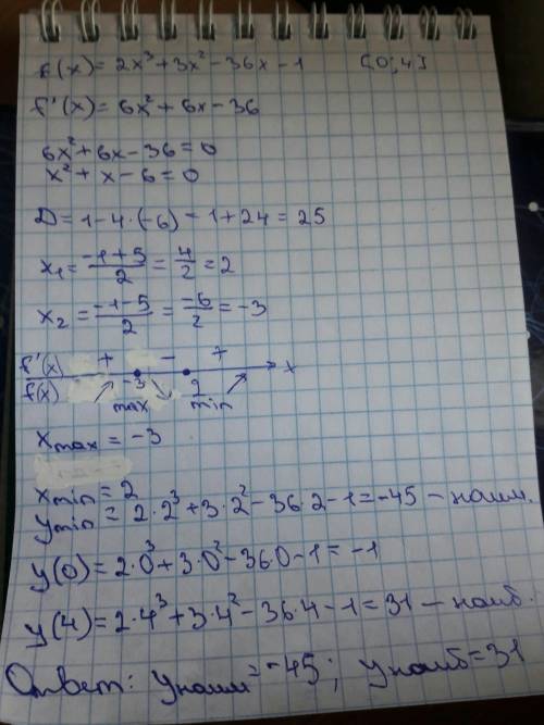 Найти y-наиб, y-наим f(x)=2x^3+3x^2-36x-1, на [0; 4]