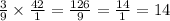 \frac{3}{9} \times \frac{42}{1 } = \frac{126}{9} = \frac{14}{1} = 14