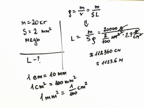 Моток меди с массой 20кг имеет поперечный сечение 2 мм квадратных, найти длину провода. 20 !