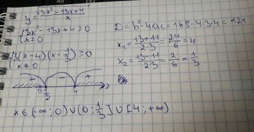 Найти область определения в числителе под корнем 3х^2 - 13х+4, в знаменателе х