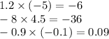 1.2 \times ( - 5) = - 6 \\ - 8 \times 4.5 = - 36 \\ - 0.9 \times ( - 0.1) = 0.09