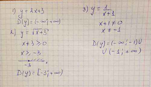 Найдите область определения функции, заданной формулой 1) y=2x+3 2) y=корень x+3 3) y= 1\x+1