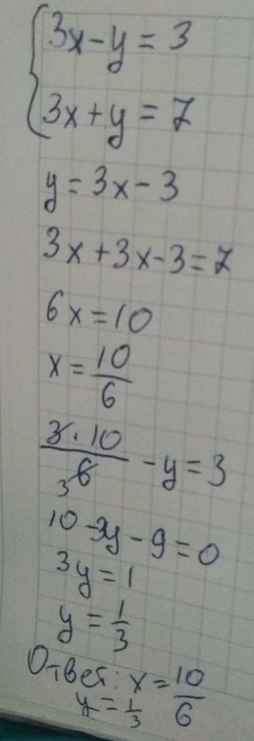 Решить систему уравнений 3x-y=3 3x+y=7