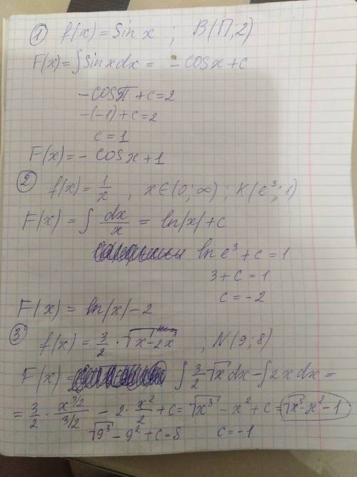 Надо, . найти ту первообразную графика,которая проходит через указанную точку: 1)f(x)=sinx ; b(п; 2)