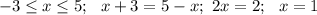 -3 \leq x \leq 5; \ \ x+3=5-x; \ 2x=2; \ \ x=1