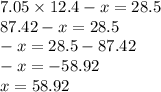 7.05 \times 12.4 - x = 28.5 \\ 87.42 - x = 28.5 \\ - x = 28.5 - 87.42 \\ - x = - 58.92 \\ x = 58.92