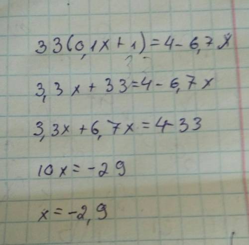 Решите уравнение ) 33(0,1х+1)=4-6,7х ❤