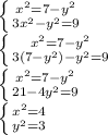 \left \{ {{x^2=7-y^2} \atop {3x^2-y^2=9}} \right. \\ \left \{ {{x^2=7-y^2} \atop {3(7-y^2)-y^2=9}} \right. \\ \left \{ {{x^2=7-y^2} \atop {21-4y^2=9}} \right. \\ \left \{ {{x^2=4} \atop {y^2=3}} \right.