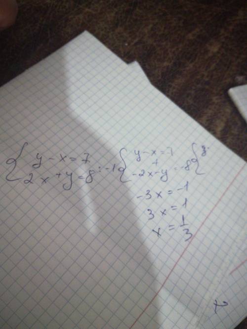 Решить систему уравнений y-x=7 2x+y=8