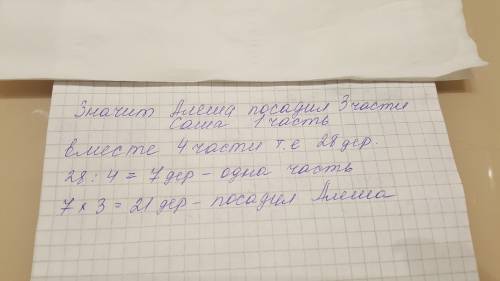 Алеша посадил в 3 раза больше деревьев чем саша а вместе они посадили 28 деревьев. сколько деревтев