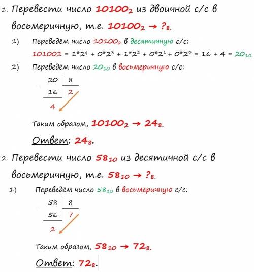 10100 в двоичной системе перевести в восьмиричную 58(10) в восьмиричеую