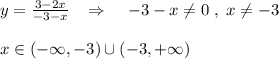 y=\frac{3-2x}{-3-x} \; \; \; \Rightarrow \; \; \; \; -3-x\ne 0\; ,\; x\ne -3\\\\x\in (-\infty ,-3)\cup (-3,+\infty )