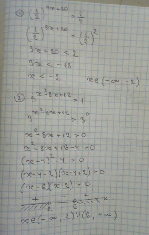 Решить показательное неравенства плз. 1) (1/2)^9x+20 > 1/4 2)3^x2-8x+12 > 1