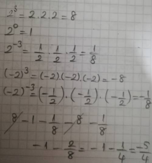 Вычислить: 2^3-2^0-2^-3+(-2)^3+(-2)^-3