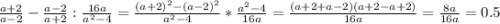 \frac{a+2}{a-2} - \frac{a-2}{a+2}: \frac{16a}{a^{2}-4 } =\frac{(a+2)^{2}-(a-2)^{2} }{a^{2}-4} *\frac{a^{2}-4} {16a} =\frac{(a+2+a-2)(a+2-a+2)}{16a} = \frac{8a}{16a} =0.5