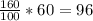 \frac{160}{100} *60=96