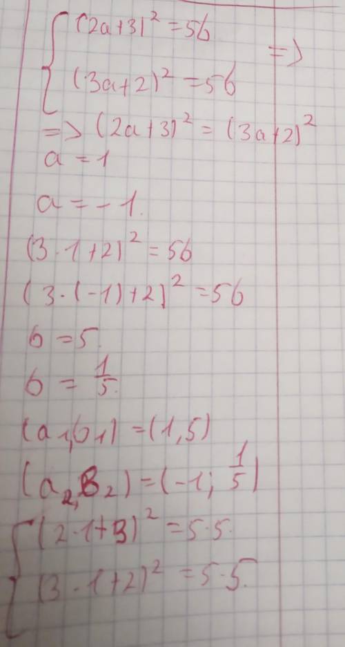 Решите систему уравнений {(2a+3)^2=5b{(3a+2)^2=5b​