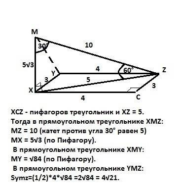 Дан прямоугольник хуzc, мх - перпендикуляр к плоскости прямоугольника, угол хzm=60, cz=3 cm, yz=4cm.