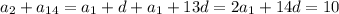 a_2+a_{14}=a_1+d+a_1+13d=2a_1+14d=10