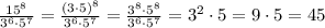 \frac{15^8}{3^6\cdot 5^7}=\frac{(3\cdot 5)^8}{3^6\cdot 5^7}=\frac{3^8\cdot 5^8}{3^6\cdot 5^7}=3^2\cdot 5=9\cdot 5=45