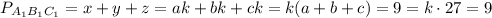 P_{A_1B_1C_1}=x+y+z=ak+bk+ck=k(a+b+c)=9=k\cdot 27=9