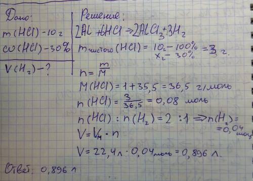 Какой объем водорода выделится при растворении алюминия в 10 г 30% раствора соляной кислоты?