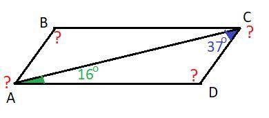 Найдите углы параллелограмма abcd если угол cad=16 градусов ,угол acd=37 градусов
