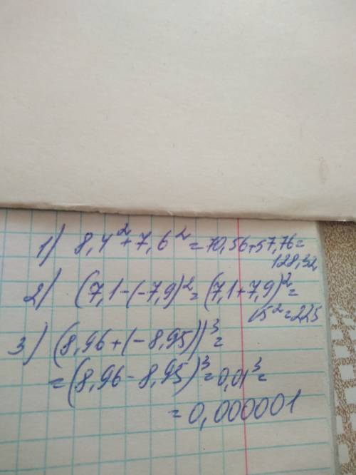 40 ! вычислите: 1) сумму квадратов чисел 8,4 и 7,6: 2) квадрат разности чисел 7, 1 и —7,9: 3) куб су