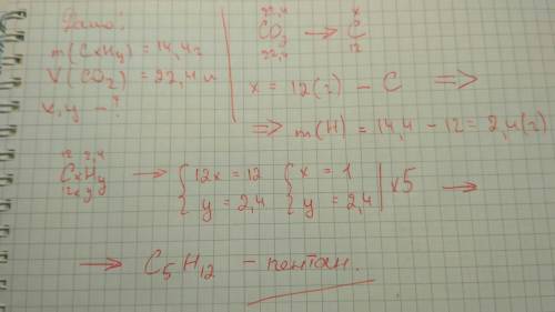 При полном сгорании 14.4 г углеводорода получили 22.4 л углекислого газа (н.у). какова молекулярная