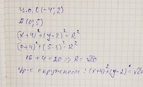 Складіть рівняння кола із центром у точці c(-4; 2)яке перетинає вісь ординат у точці а(0; 5)