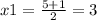 x1 = \frac{5 + 1}{2} = 3