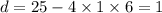 d = 25 - 4 \times 1 \times 6 = 1