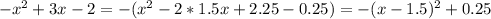 -x^2+3x-2=-(x^2-2*1.5x+2.25-0.25)=-(x-1.5)^2+0.25