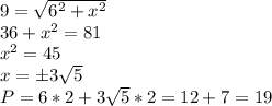 9=\sqrt {6^2+x^2} \\ 36+x^2=81 \\ x^2=45 \\ x=\pm 3\sqrt {5} \\ P= 6*2+3\sqrt {5}*2=12+7=19