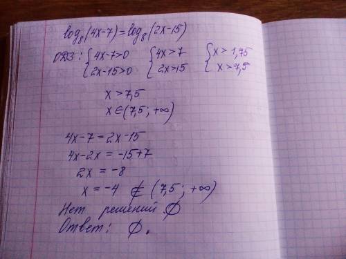 Найти корень уравнения log8(4x-7)=log8(2x-15)