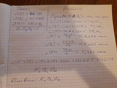 Речовина містить по (масі) 26,35% калію, 35,37% хрому і 38,10% оксигену. знайти його просту формулу